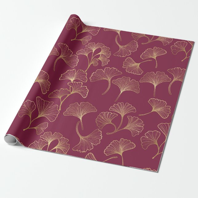 Papier Cadeau Luxurious Gold Ginkgo Leaves on Deep Burgundy (1) (Déroulé)