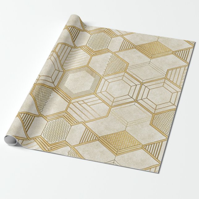Papier Cadeau Luxurious Gold Hexagon Pattern - Marble Texture 2 (Déroulé)