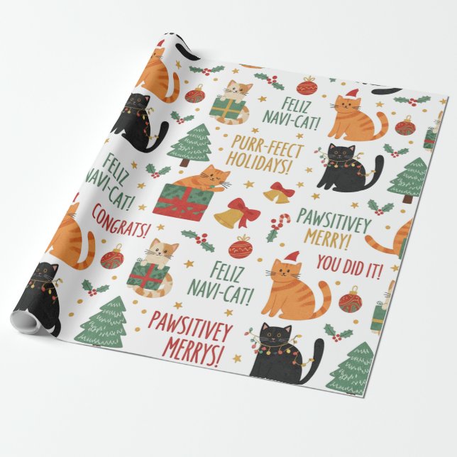 Papier Cadeau Luxury Cat Christmas Wrapping Paper Festive Feline (Déroulé)