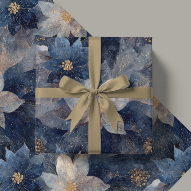 Papier Cadeau Luxury Christmas Blue and White Poinsettia Gift  (Créateur téléchargé)