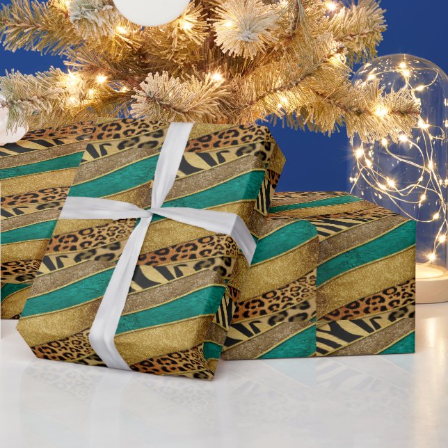 Papier Cadeau Luxury Emerald & Gold Safari Leopard Zebra Glitter (Vacances)