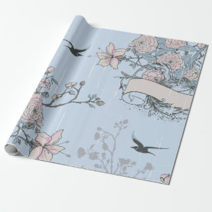 Papier Cadeau Lys rose asiatique et Roses en bleu