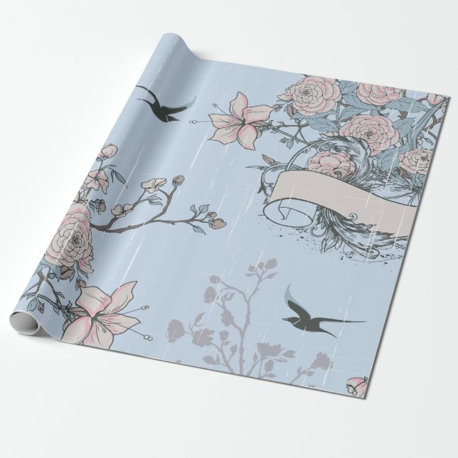 Papier Cadeau Lys rose asiatique et Roses en bleu (Déroulé)
