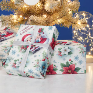 Papier Cadeau M. et Mme Claus, Rudolph, Poinsettias et Holly