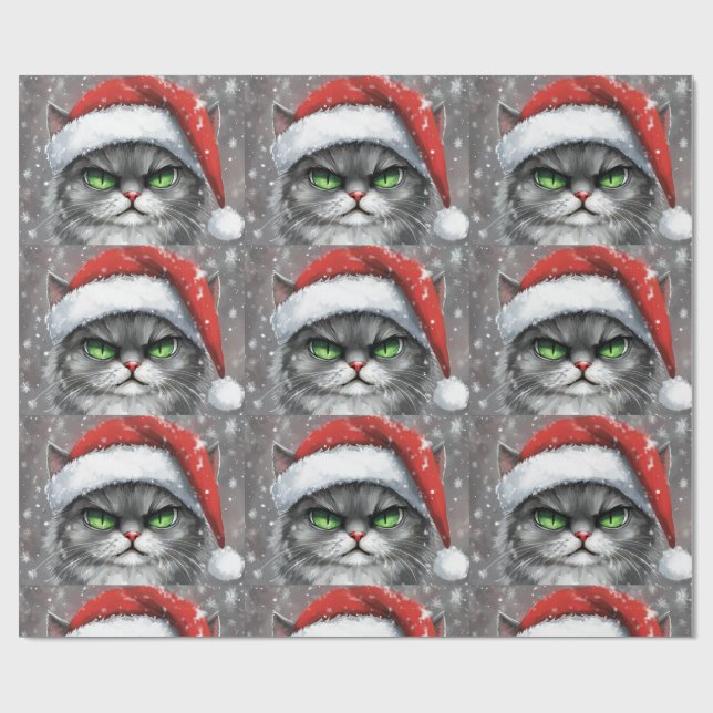 Papier Cadeau M. Visage Grincheux (Gris) Chat de Noël (Plat)