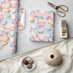 Papier Cadeau Macarons Rose Bleu Jaune Anniversaire