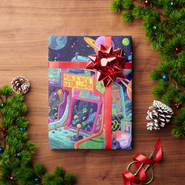 Papier Cadeau Machines de jeux vidéo rétro dans l'espace (Cadeau de vacances)