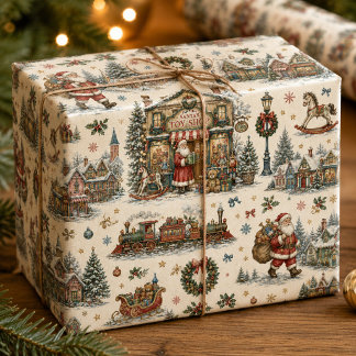Papier Cadeau Magasin de jouets du Père Noël coloré Village Noël