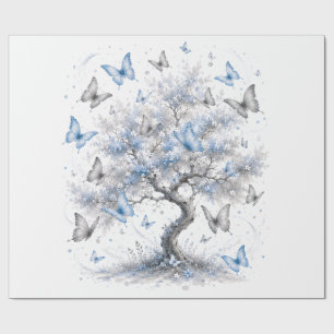 Papier Cadeau Magical Blue Butterfly & Silver Tree Wrapping Pape