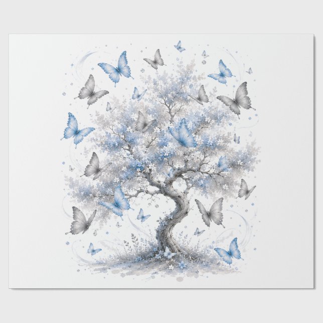 Papier Cadeau Magical Blue Butterfly & Silver Tree Wrapping Pape (Plat)