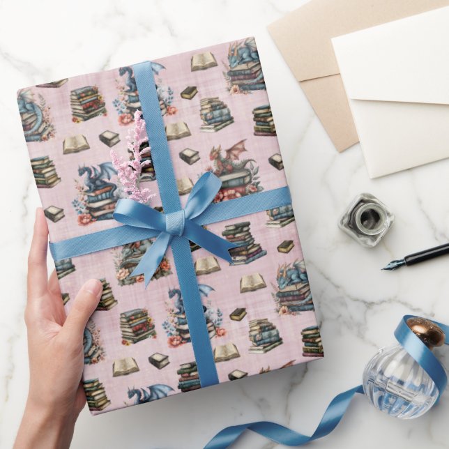 Papier Cadeau Magical Dragons & Books on Light Gray-Pink (Cadeaux)