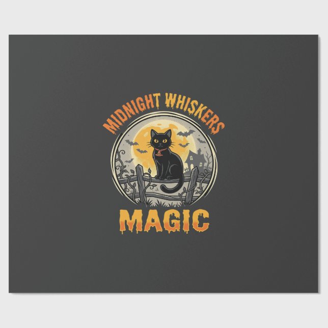 Papier Cadeau Magie de Lune de Chat Noir d'Halloween (Plat)