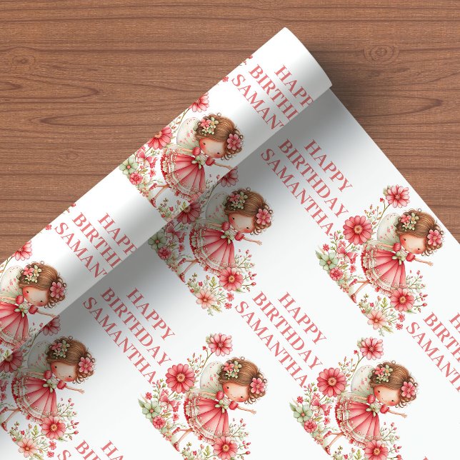 Papier Cadeau Magique Fille Fée Rouge Florale Anniversaire Embal (Magical Fairy Girl Blush Floral Birthday Wrapping Paper

)