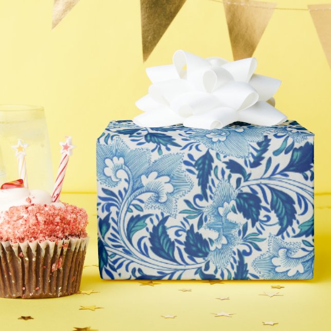 Papier Cadeau Magnifique damas bleu (Fête d'anniversaire)