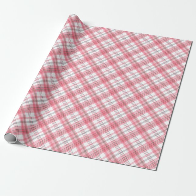 Papier Cadeau Magnifique motif à carreaux gris rouge rose (Déroulé)
