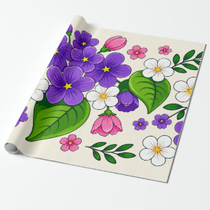 Papier Cadeau Magnifique motif floral violet, rose et blanc