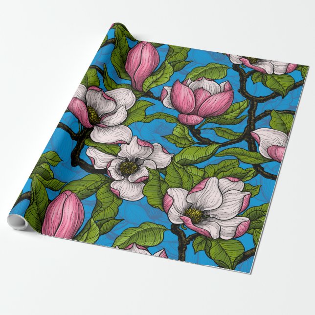 Papier Cadeau Magnolia en floraison sur bleu (Déroulé)