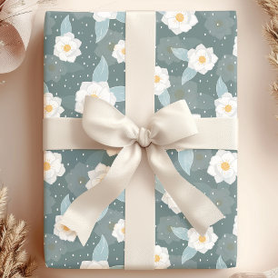 Papier Cadeau Magnolia Floral Élégant Blanc à pois