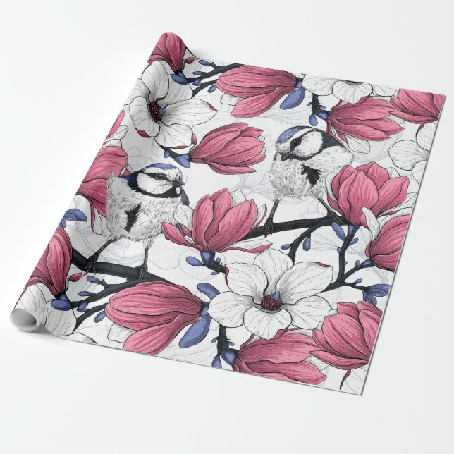 Papier Cadeau Magnolia rose et métis bleu (Déroulé)
