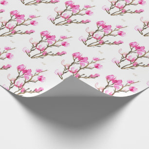 Papier Cadeau Magnolia rose floral aquarelle élégant Vintage