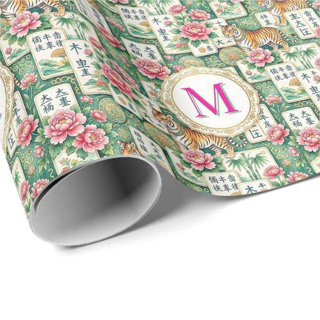 Papier Cadeau Mahjong Chinoiserie Floral Monogram Personalized  (Coin rond)