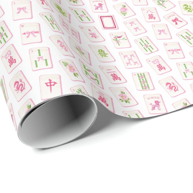 Papier Cadeau Mahjong Rose et Vert Aquarelle (Coin rond)