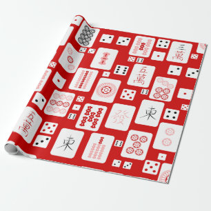 Papier Cadeau mahjong rose rouge carreaux chinois jeu asiatique