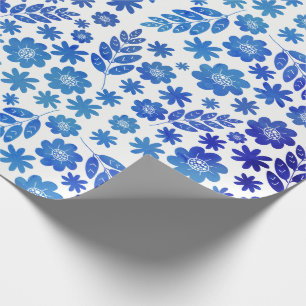 Papier Cadeau Main bleue de Chine dessinée motif floral