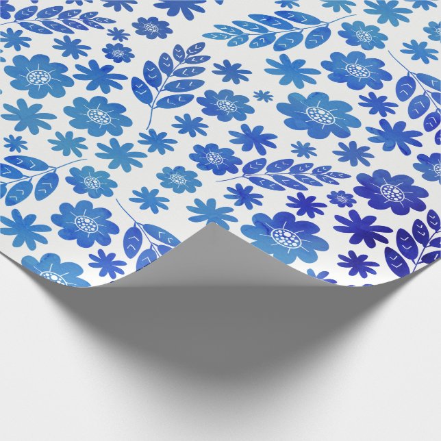 Papier Cadeau Main bleue de Chine dessinée motif floral (Coin)