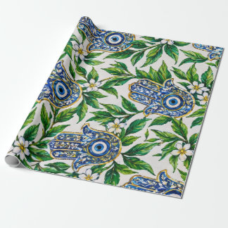 Papier Cadeau Main de Fatima Hamsa bleue à motif floral