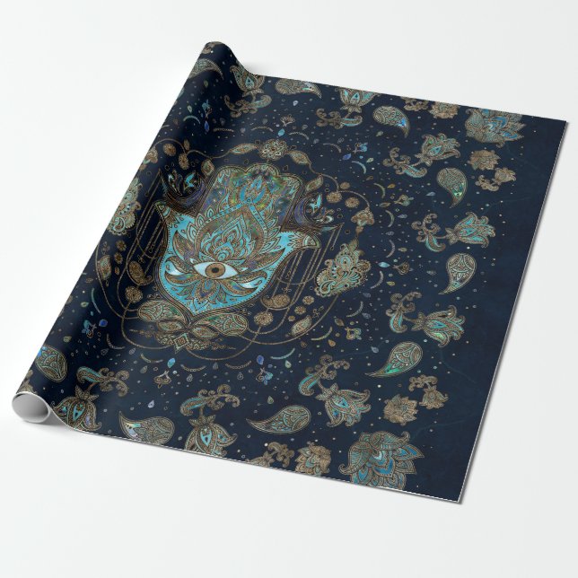 Papier Cadeau Main de Hamsa - Main de Fatima Blue Gemstones (Déroulé)