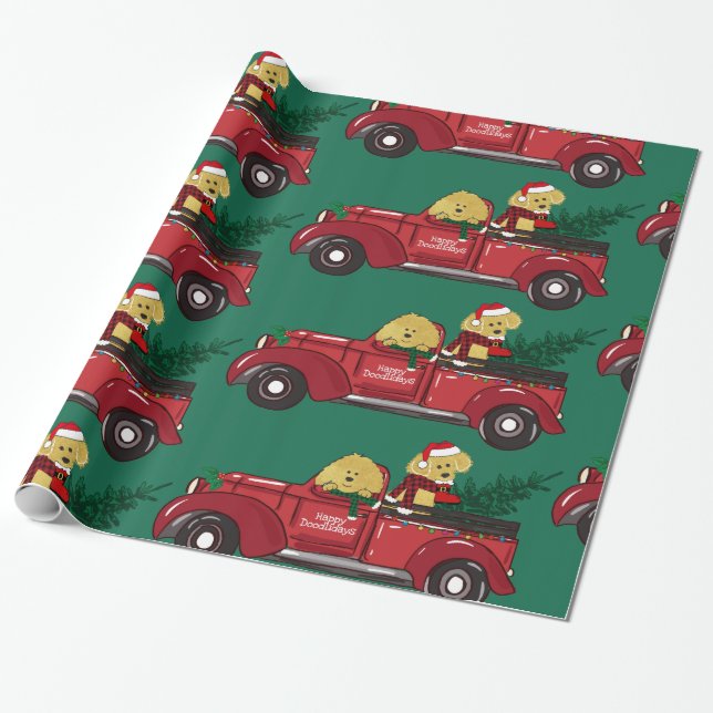 Papier Cadeau Main tiré Goldendoodles Camion de Noël Rouge (Déroulé)