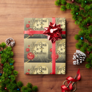 Papier Cadeau Maintenez le Christ dans Noël, or/chrétien rouge