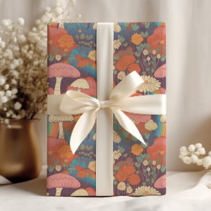 Papier Cadeau Maison Champignons Rétro Marron Orange