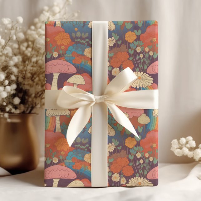 Papier Cadeau Maison Champignons Rétro Marron Orange (Retro mushrooms and daisies wrapping paper)