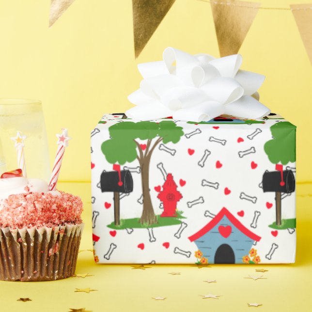 Papier Cadeau Maison de chien os rouges bleus verts  (Fête d'anniversaire)