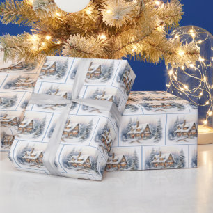 Papier Cadeau Maison de Noël à l'aquarelle