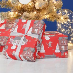 Papier Cadeau Maison de Noël, Bonhomme de Neige et Sapin de Noël