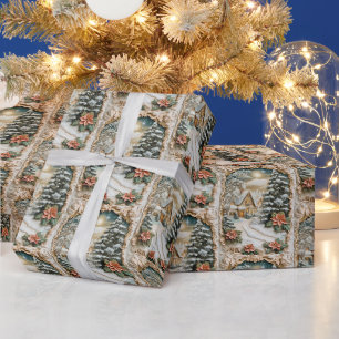 Papier Cadeau Maison de Noël vintage avec fleurs de poinsettia