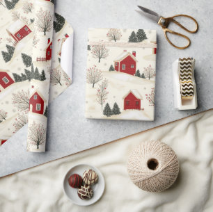 Papier Cadeau Maison d'hiver rouge de style ferme et arbres