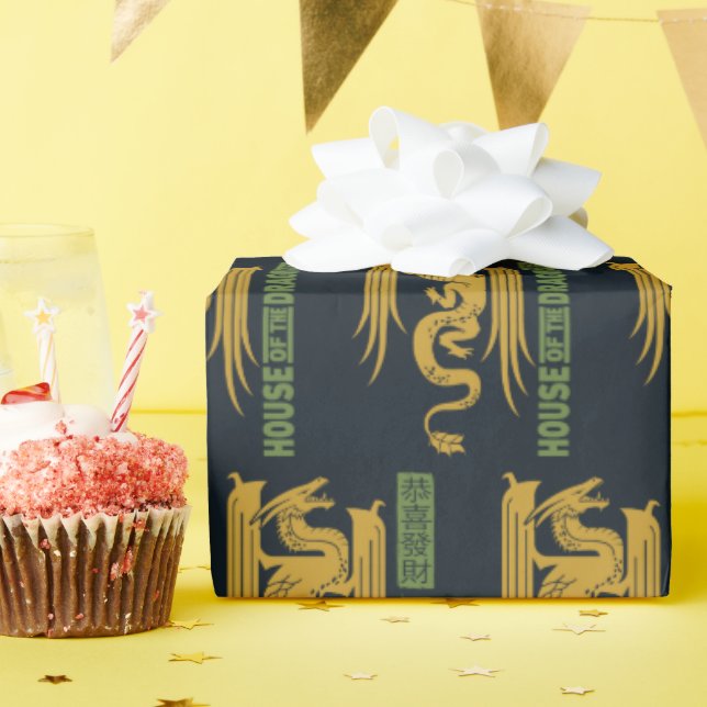 Papier Cadeau Maison du Dragon Gold & Green Nouvel An | 恭 喜 財 發 (Fête d'anniversaire)