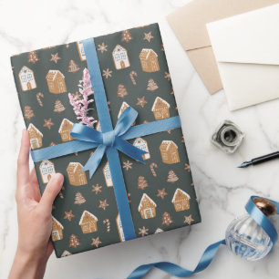 Papier Cadeau Maison en pain d'épices bleu motif de Noël