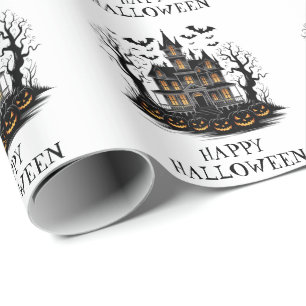 Papier Cadeau Maison hantée avec Citrouilles et chauves-souris H