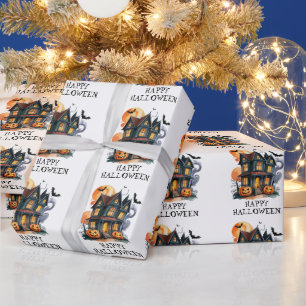 Papier Cadeau Maison hantée avec Citrouilles et chauves-souris H