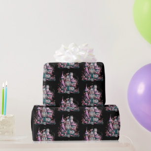 Papier Cadeau Maison hantée rose et grise motif Halloween