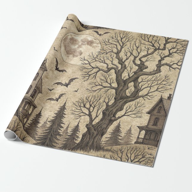 Papier Cadeau Maison hantée vintage & pleine lune (Déroulé)