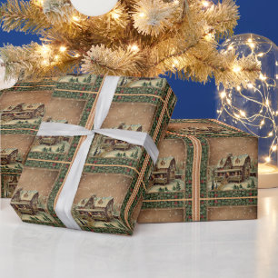 Papier Cadeau Maison victorienne de Noël vintage couverte de nei