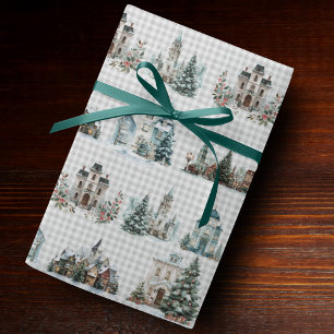 Papier Cadeau Maisons bleues élégantes motif Noël hiver