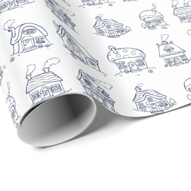 Papier Cadeau Maisons bleues et blanches Motif illustré (Coin rond)