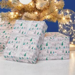 Papier Cadeau Maisons d'Arbres de Village de Noël
